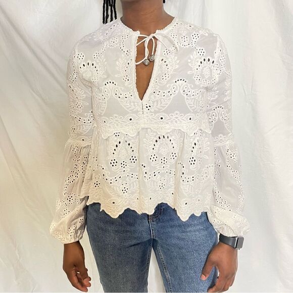 Kooples Embroidery Cotton Tie Neck boho Bohemian Lace Top - Picture 3 of 12